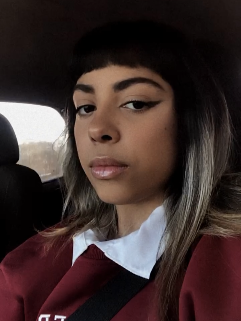 Sou uma mulher parda, com olhos castanhos e cabelo naturalmente escuro com a textura ondulada. Gosto muito de mudar a cor e o corte de cabelo, nessa foto estou de franjinha e com as pontas loiras. A foto foi tirada dentro de um carro e eu vestia uma camisa social branca com um moletom vermelho por cima.
