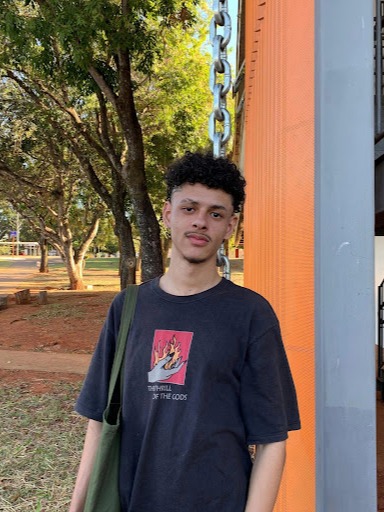 Sou um homem pardo de cabelos cacheados e pretos, tenho um risco em formato de x na sobrancelha e estou dando um leve sorriso. Estou usando uma camisa preta e uma ecobag verde escuro. No fundo da foto há uma pilastra laranja com uma corrente pendurada e mais ao fundo uma área verde.
